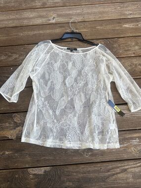 Alex Marie White Sheer Paisley Lace Ivory Scoop Neck Blouse
